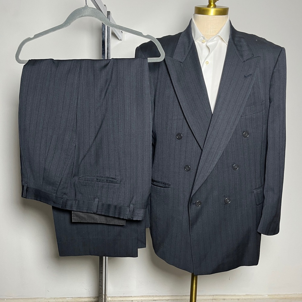 Stafford Executive Suit Mens 46R 40x30 Gray Pinstripe Double Breasted Wool
